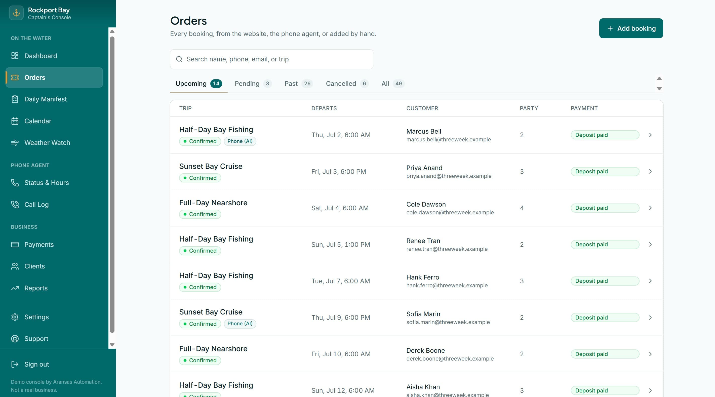 The orders page on the captain's dashboard, listing upcoming trips with every deposit paid.