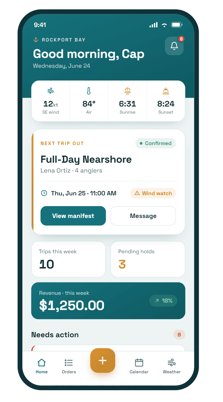 The owner dashboard on a phone, showing the next trip, trips booked this week, and the week's revenue.