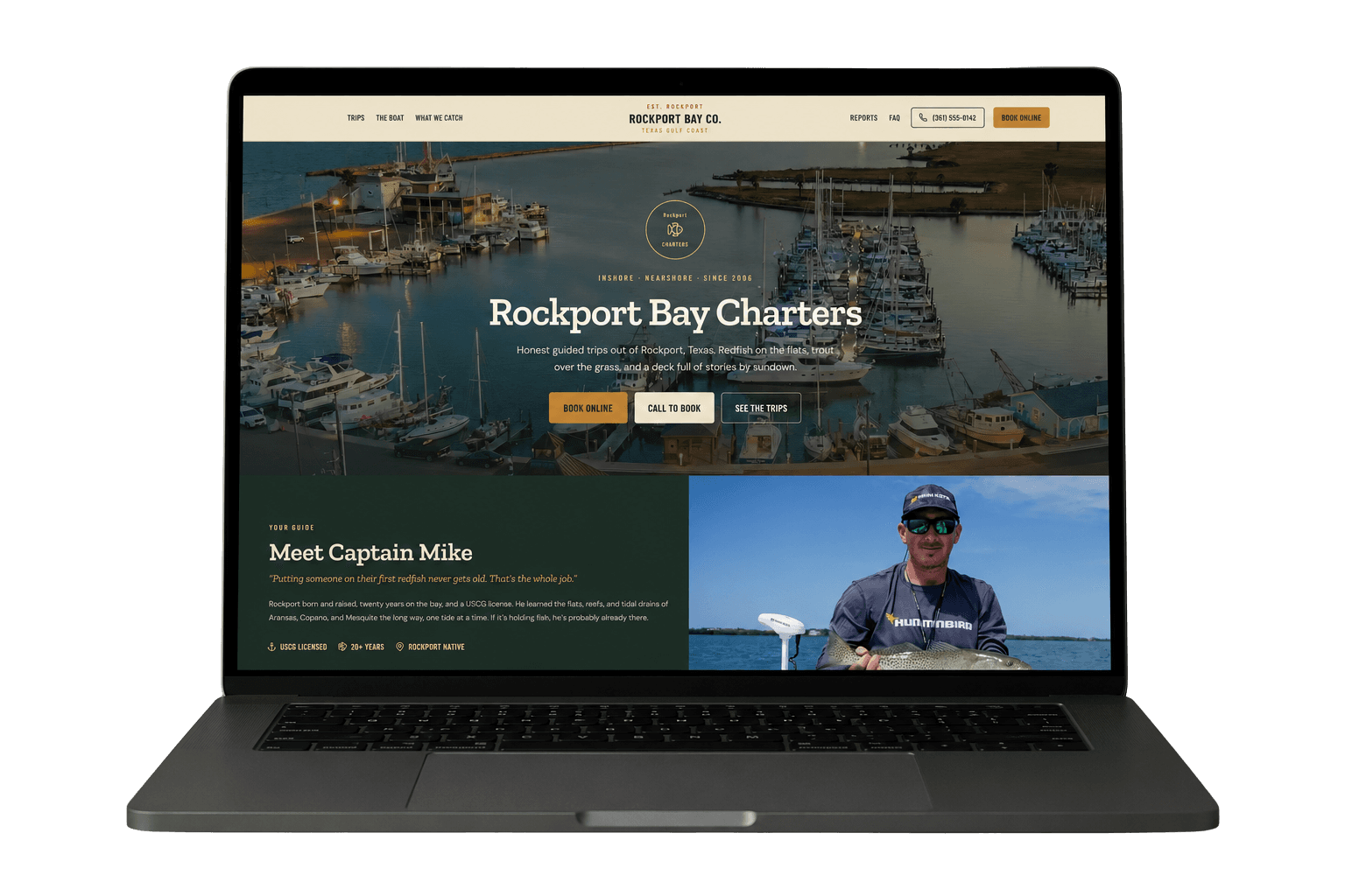 A charter booking site shown on a laptop, with the captain's photo, trip list, and a Book Online button.